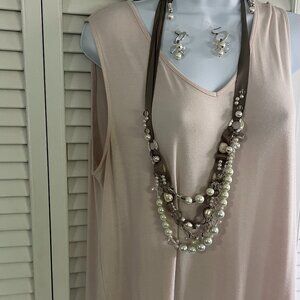 Chicos Faux Pearl  Necklace /Earring Set, On Silk Cord W/Multi Layers Of Beads.